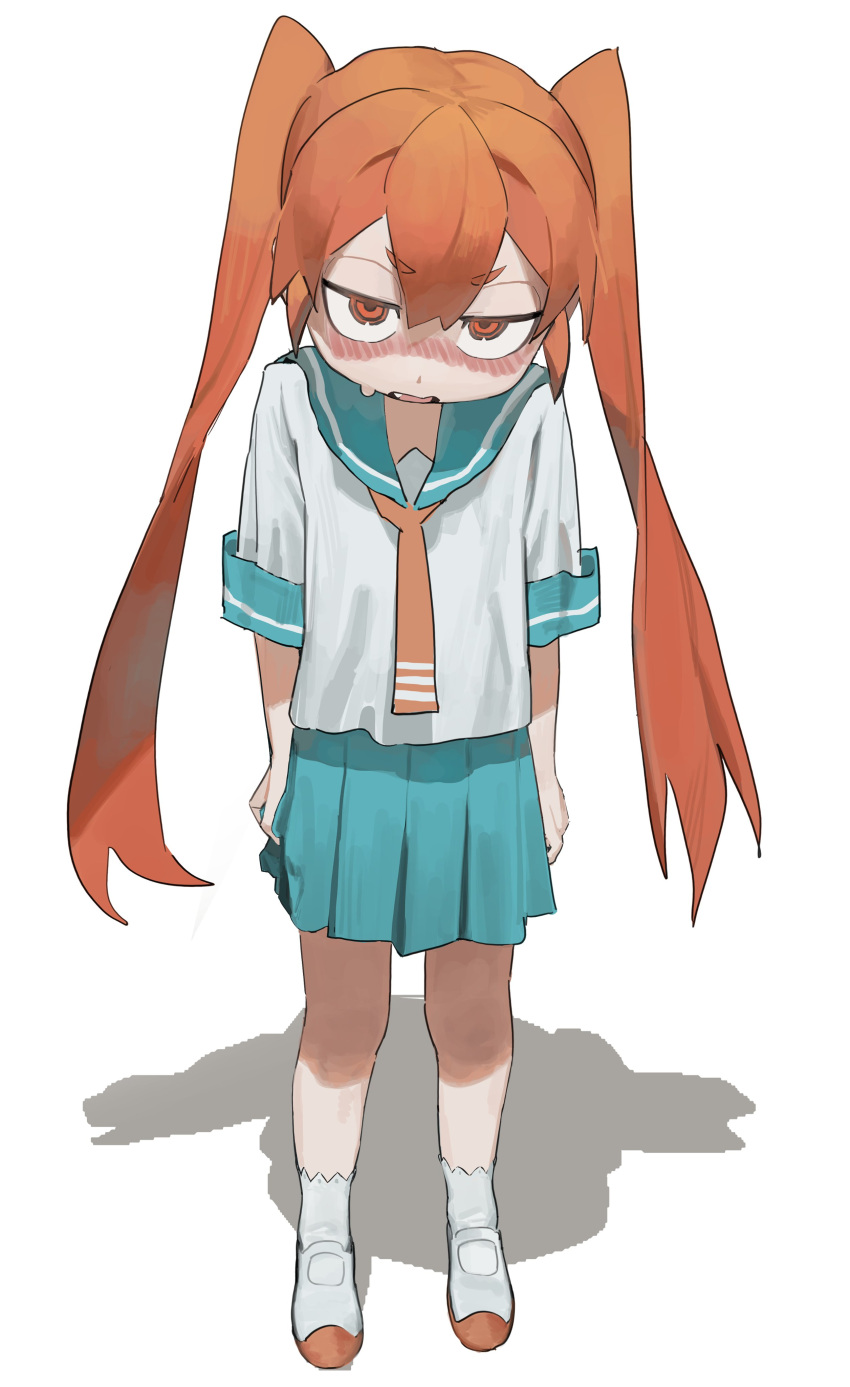 1girl, absurdres, arms_at_sides, blue_sailor_collar, blue_skirt, blush, chinese_commentary, clothes_grab