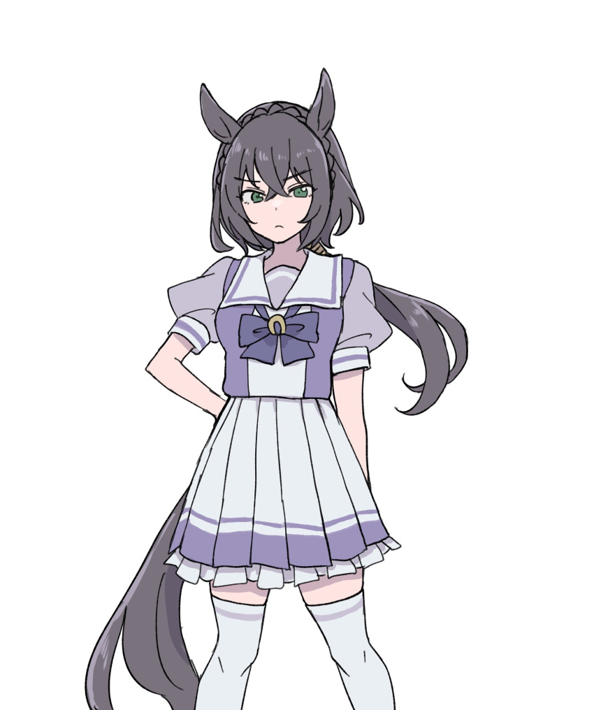 1girl, animal_ears, black_hair, bow, bowtie, braid, cowboy_shot, crown_braid, frilled_skirt, frills, green_eyes, hair_between_eyes, highres, horse_ears, horse_girl, horseshoe_ornament, kin'iro_ryotei_(umamusume), long_hair, looking_at_viewer, low_ponytail, pleated_skirt, puffy_short_sleeves, puffy_sleeves, purple_bow, purple_bowtie, purple_serafuku, purple_shirt, sailor_collar, sailor_shirt, school_uniform, serafuku, shirt, short_sleeves, simple_background, skirt, solo, thigh-highs, tracen_school_uniform, umamusume, white_background, white_skirt, white_thighhighs, yumayuma_(yumayumaaaan)