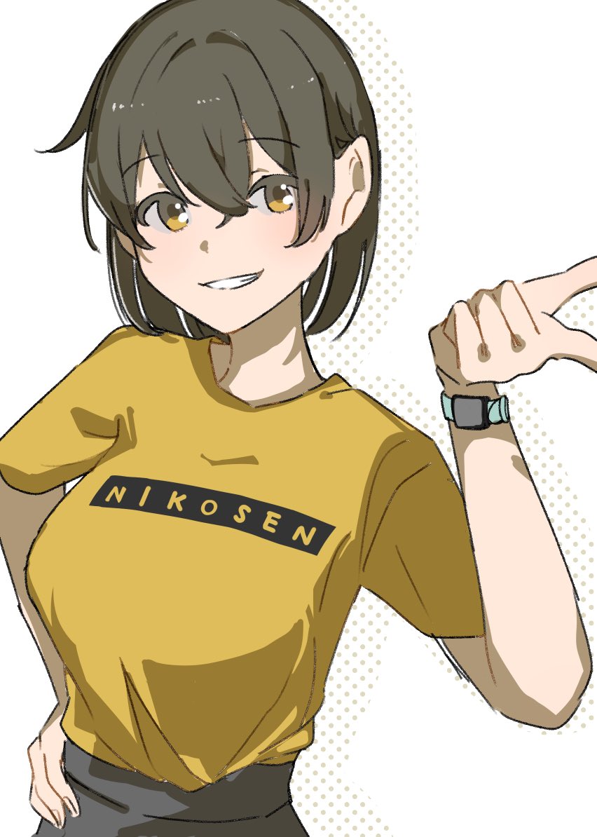 1girl, black_hair, clothes_removed, fujisaki_(si_da), grin, hand_on_own_hip, hiryuu_(kancolle), kantai_collection
