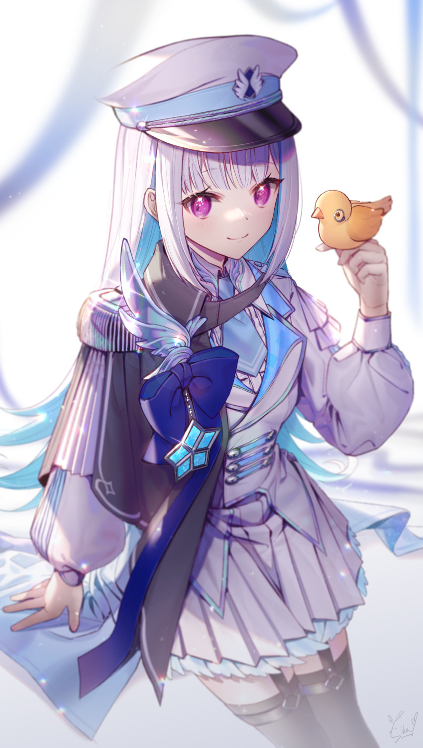 1girl, black_thighhighs, blue_bow, blue_hair, bow, colored_inner_hair, hat, highres, lize_helesta, lize_helesta_(7th_costume), military_hat, military_uniform, multicolored_hair, nijisanji, nurumi_p, official_alternate_costume, pleated_skirt, sebastian_piyodore, skirt, smile, thigh-highs, uniform, violet_eyes, virtual_youtuber, white_hair, white_skirt