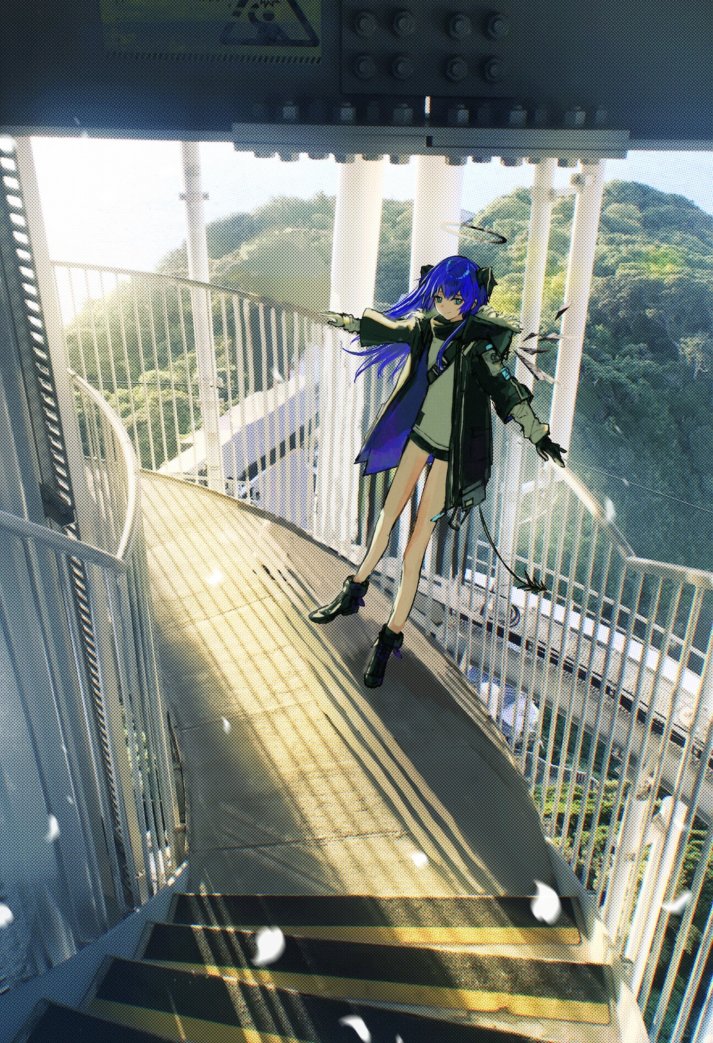 1girl, arknights, asymmetrical_gloves, black_footwear, black_gloves, black_jacket, black_shorts, blue_eyes