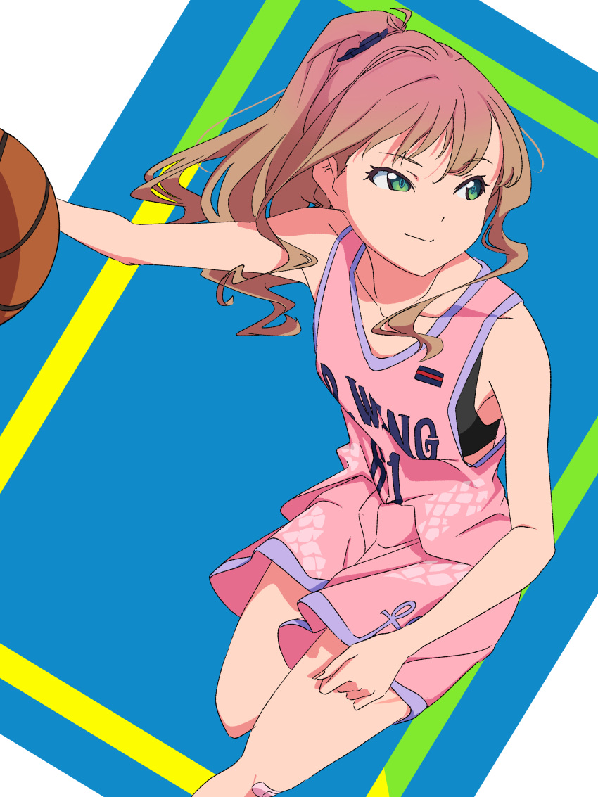 1girl, absurdres, ball, basketball, basketball_(object), basketball_jersey, basketball_uniform, black_sports_bra