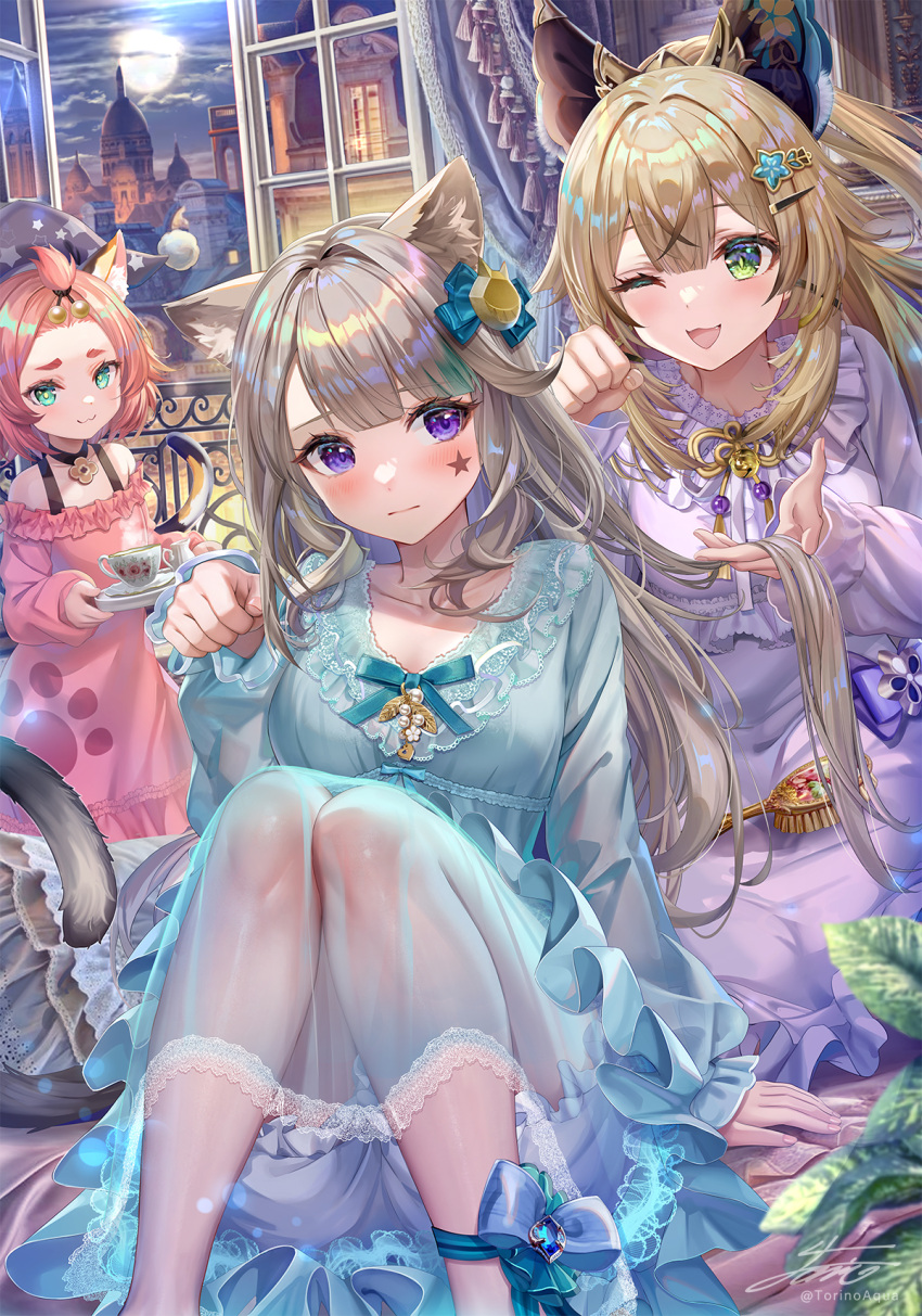 3girls, ahoge, alternate_costume, animal_ear_fluff, animal_ears, bangs_pinned_back, black_headwear, blush, breasts, cat_ears, cat_girl, cat_tail, choker, collarbone, cup, diona_(genshin_impact), facial_mark, forehead, genshin_impact, green_eyes, green_nightgown, grey_hair, hair_brush, hair_ornament, hairclip, hat, high_ponytail, highres, kirara_(genshin_impact), light_brown_hair, long_hair, lynette_(genshin_impact), medium_breasts, multiple_girls, multiple_tails, nightcap, nightgown, one_eye_closed, open_mouth, pink_hair, pink_nightgown, ponytail, purple_nightgown, saucer, short_eyebrows, short_hair, sidelocks, sitting, slit_pupils, small_breasts, smile, star_(symbol), star_facial_mark, tail, teacup, thighs, torino_aqua, two_tails, violet_eyes
