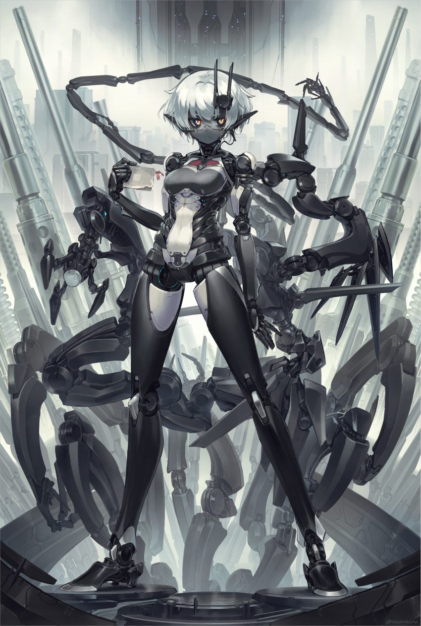 1girl, absurdres, android, black_skin, blue_eyes, book, breasts, cannon