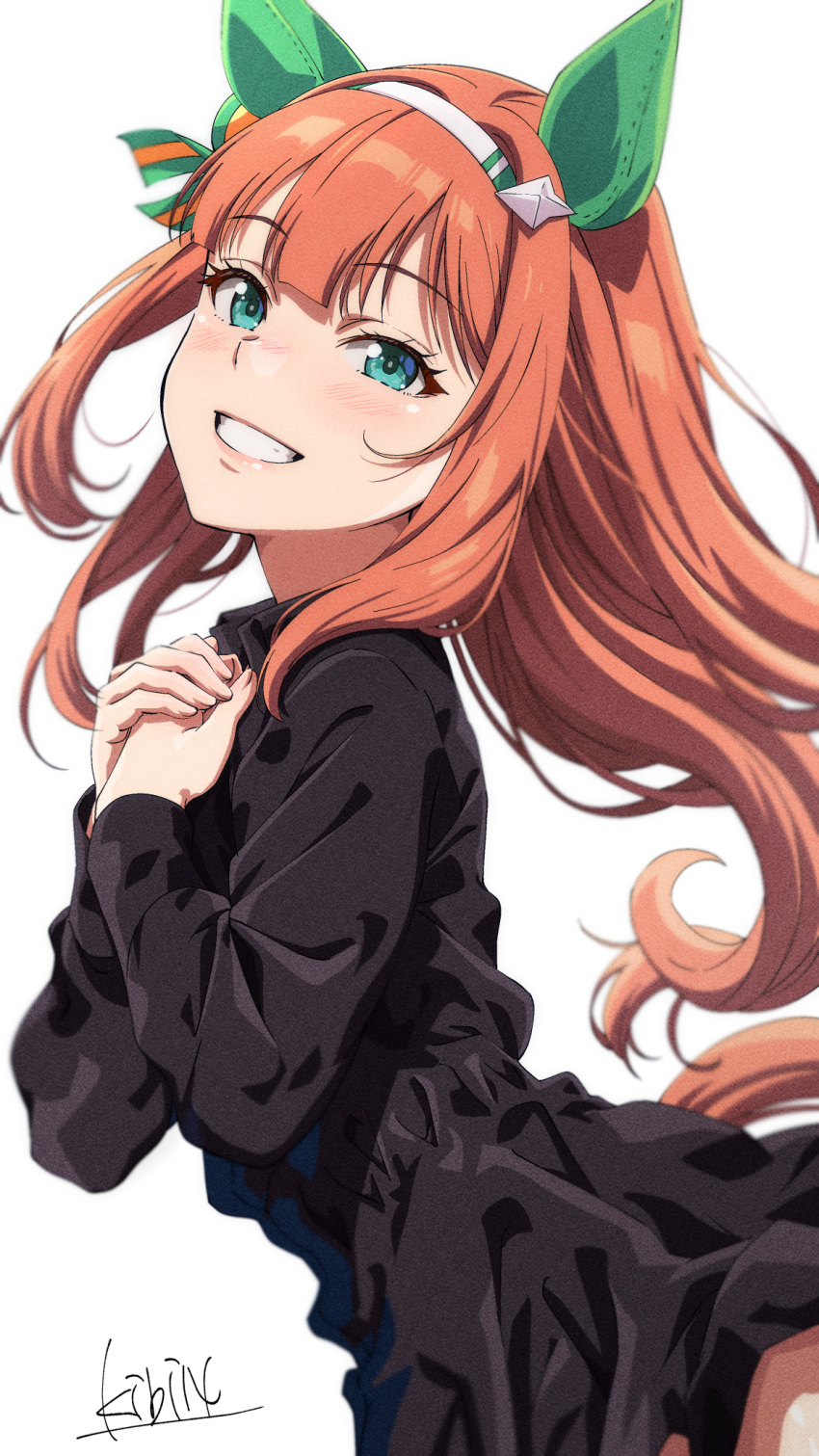 1girl, animal_ears, aqua_eyes, artist_name, black_dress, clenched_teeth, dress, ear_covers