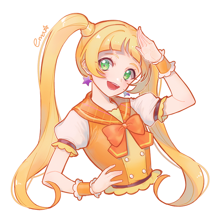 1girl, aikatsu!_(series), aikatsu_friends!, blonde_hair, bow, earrings, green_eyes, hand_on_own_hip