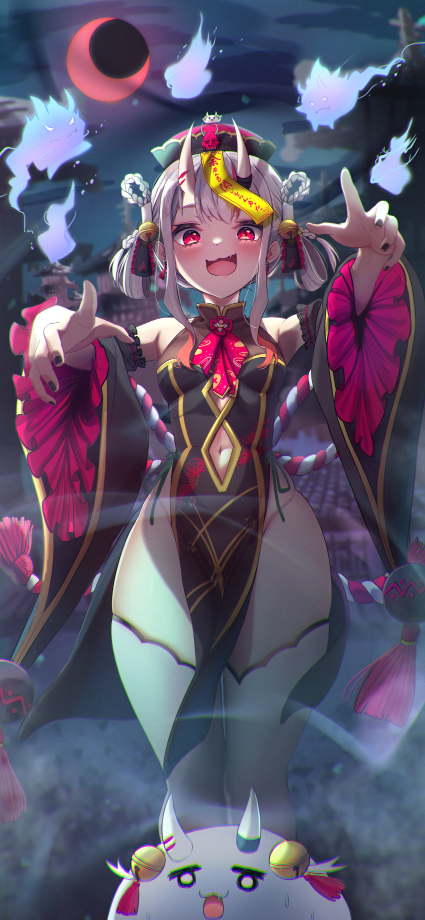 1girl, absurdres, armpits, arms_up, ascot, bare_shoulders, bell, black_dress