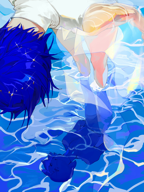 2others, androgynous, ascot, black_shirt, blue_background, blue_hair, bowl_cut, collared_shirt