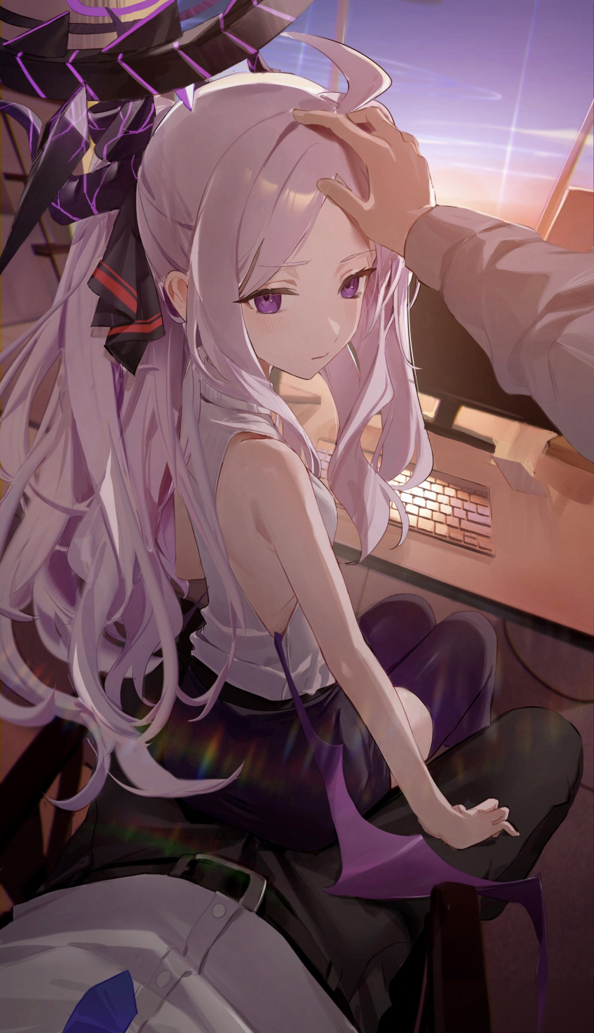 1boy, 1girl, absurdres, bare_shoulders, belt, blue_archive, blush, breasts