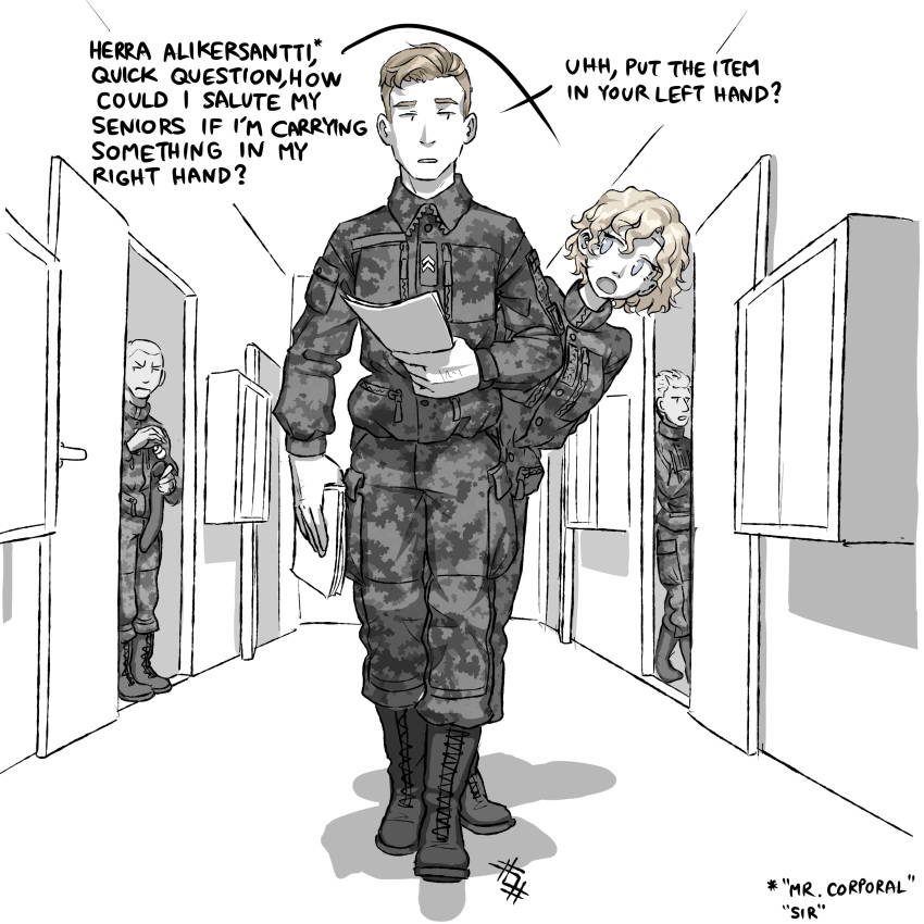 1girl, 3boys, absurdres, english_text, highres, military, military_uniform, multiple_boys