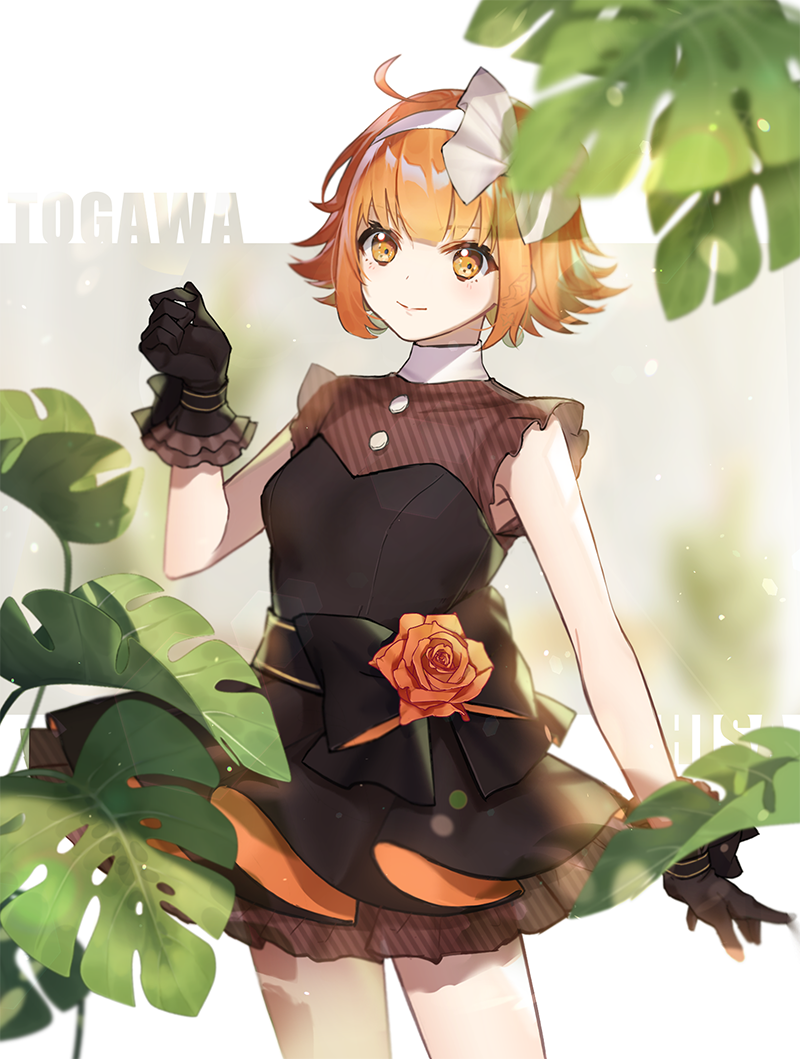 1girl, ahoge, black_dress, black_gloves, bow, dress, flower, gloves, hair_bow, headband, mole, mole_under_eye, nurumi_p, orange_flower, orange_hair, orange_rose, rose, sleeveless, sleeveless_dress, solo, togawa_chisa, tsukino_talent_production, tsukiuta, white_bow, white_headband, yellow_eyes