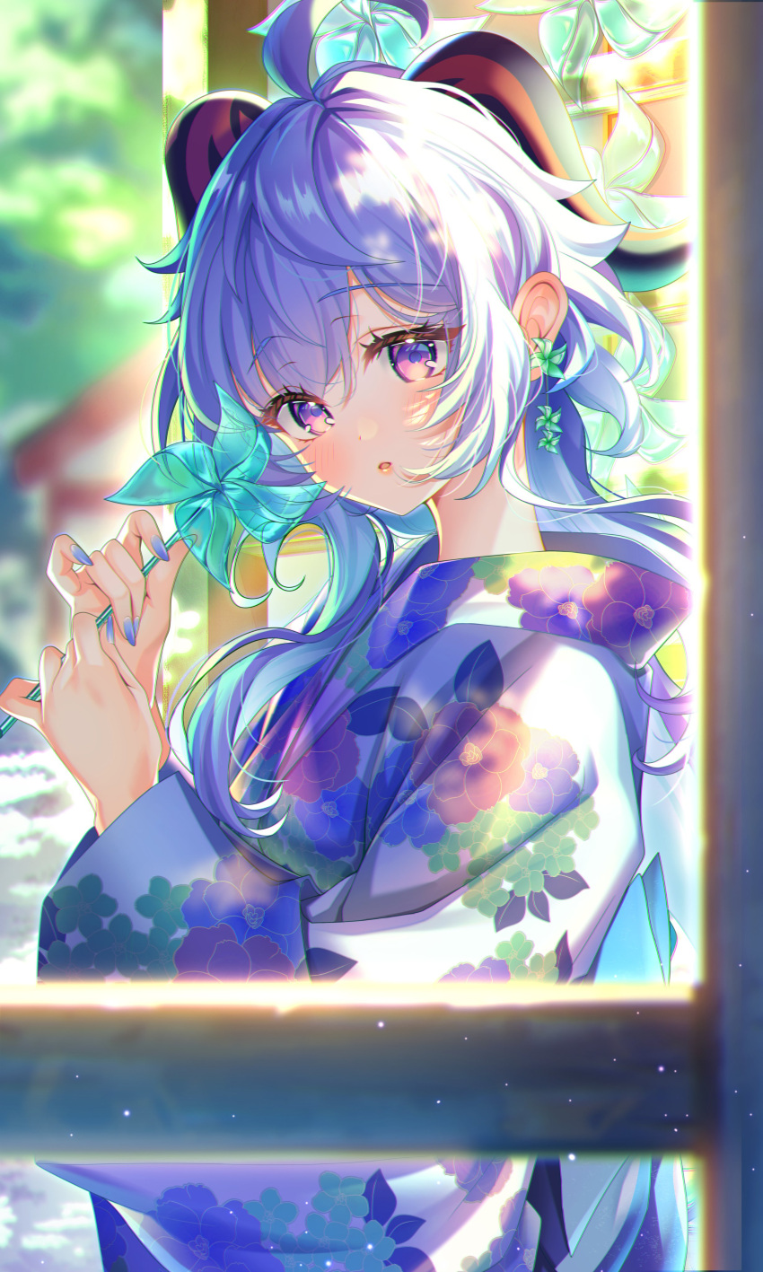 1girl, absurdres, ahoge, alternate_costume, blue_hair, blue_kimono, blue_nails, blurry