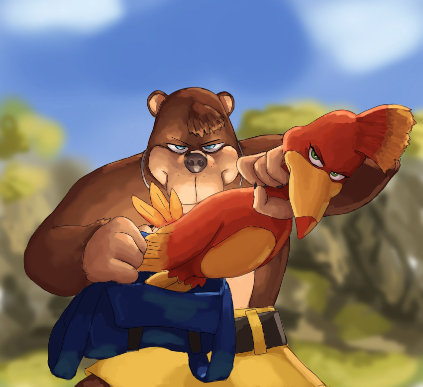 1boy, 1girl, animal, backpack, bag, banjo-kazooie, banjo_(banjo-kazooie), bear, bird, black_nails, blue_eyes, blurry, blurry_background, furry, green_eyes, highres, holding, holding_animal, holding_bird, kagurabachi_pose_(meme), kazooie_(banjo-kazooie), looking_at_viewer, meme, procreate_(medium), redustheriotact, shorts, standing, yellow_shorts