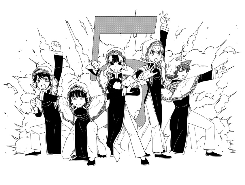 1boy, 4girls, 5_(number), :d, :o, absurdres, animal_ears, aya_guunjoh