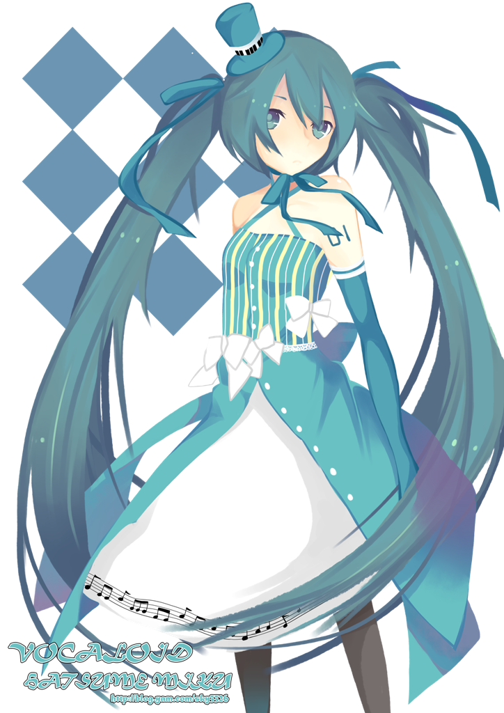 aqua_eyes, aqua_hair, argyle, bad_id, bare_shoulders, black_legwear, dress, elbow_gloves