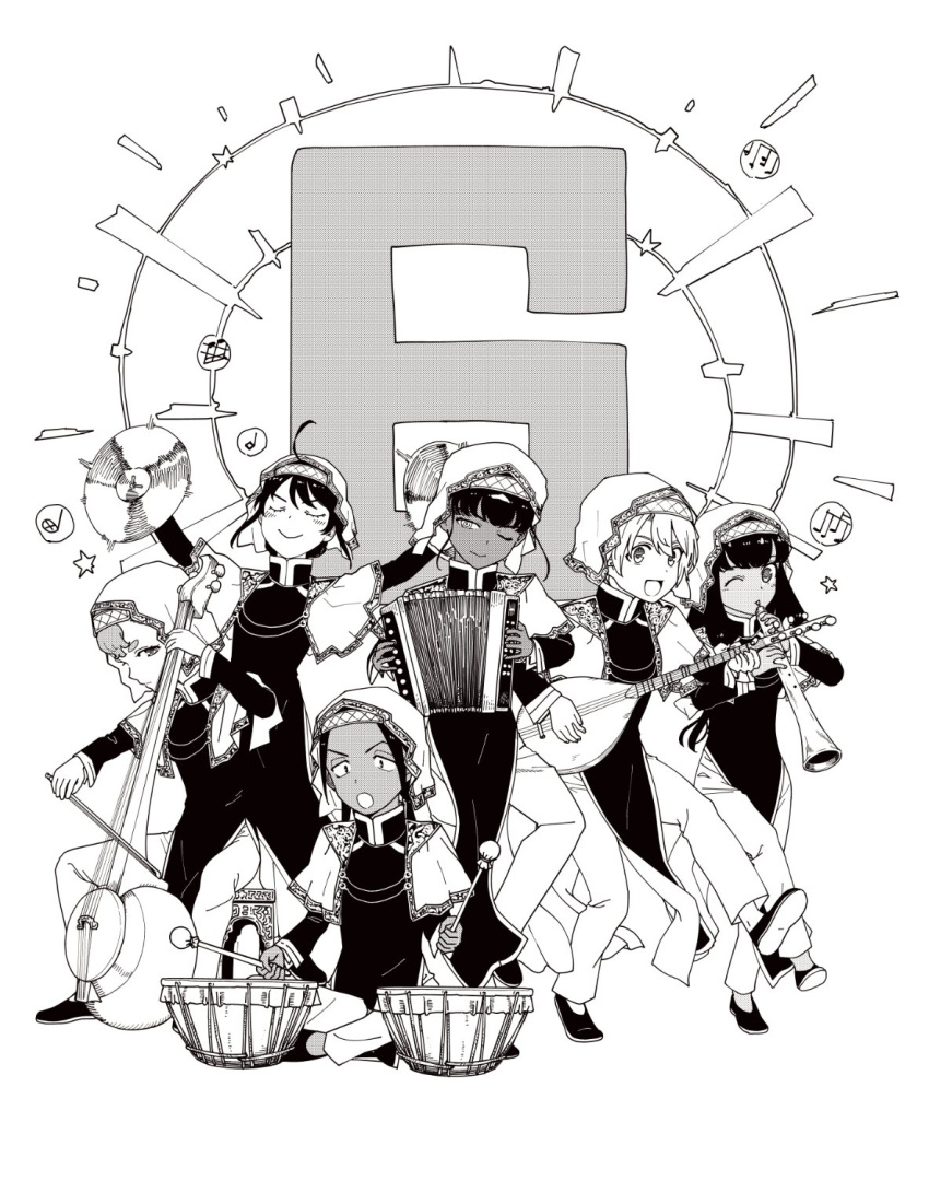 1boy, 5girls, 6_(number), :d, accordion, ahoge, cauicha_hozanyk, closed_eyes