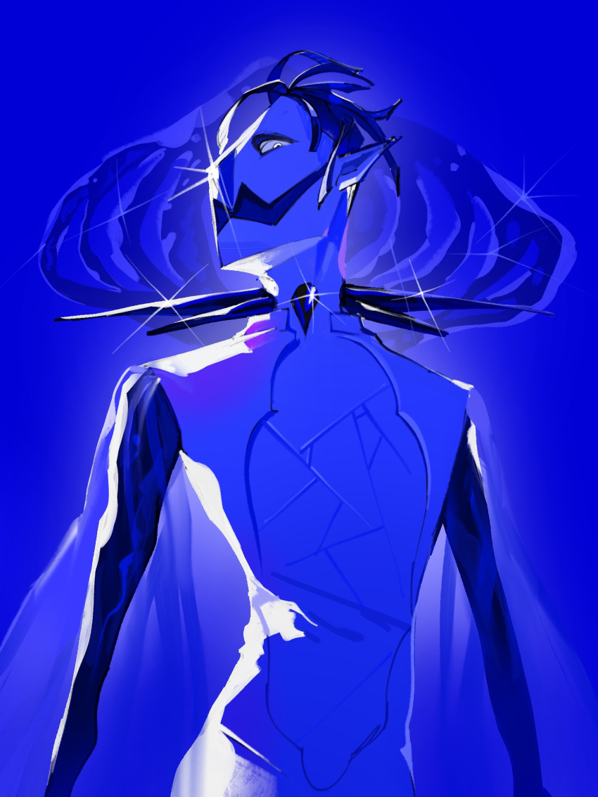 1other, arms_at_sides, ascot, blue_background, blue_hair, colored_skin, cowboy_shot, cracked_skin