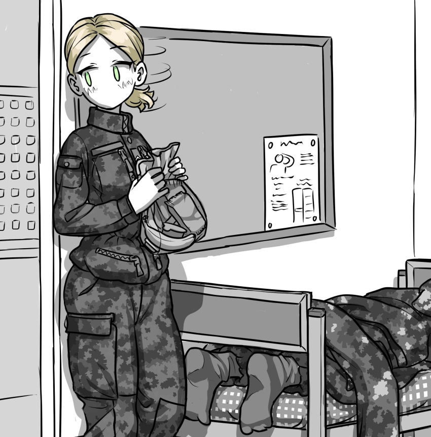 1girl, 1other, bed, blonde_hair, bulletin_board, green_eyes, highres, lying