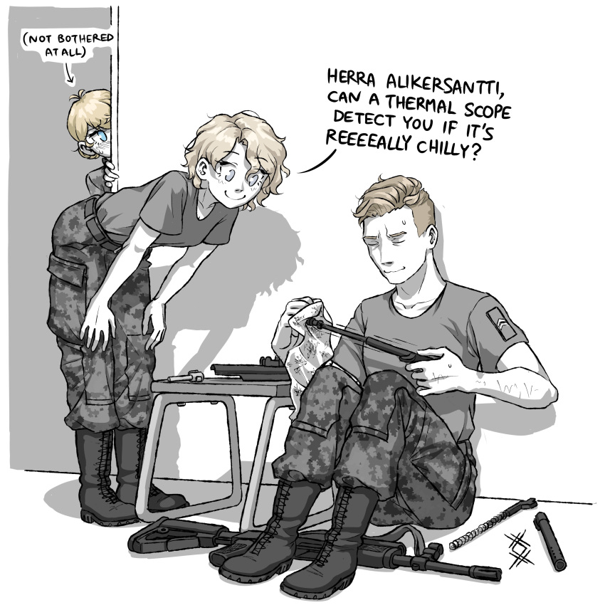 1boy, 2girls, absurdres, assault_rifle, cleaning, cleaning_gun, cleaning_weapon, cloth