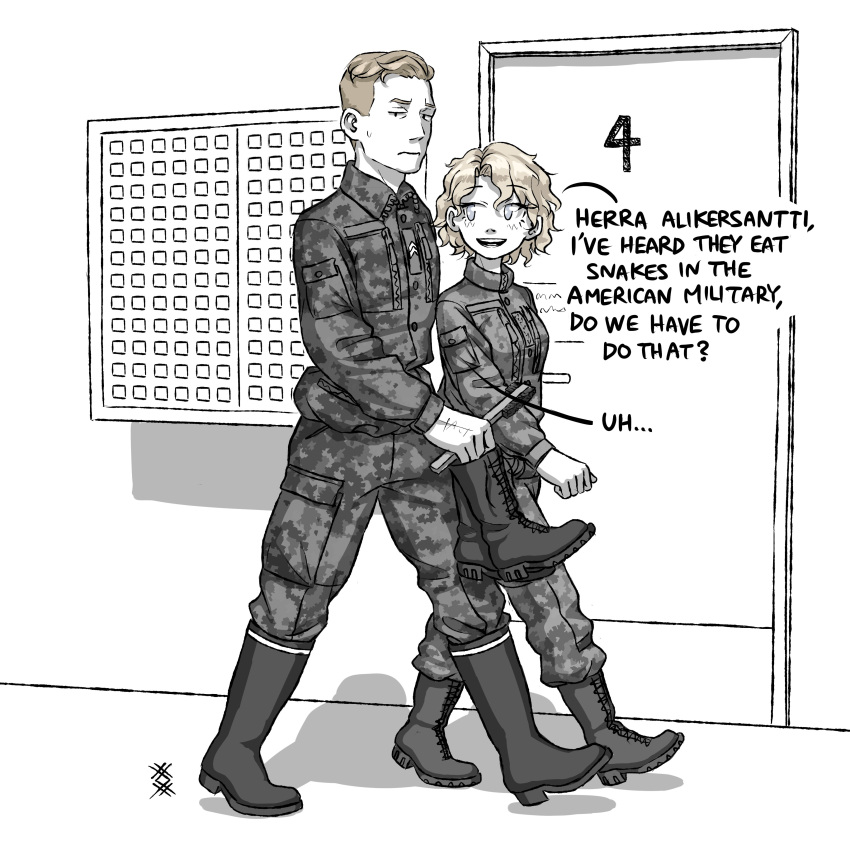 1boy, 1girl, absurdres, boots, door, english_text, highres, looking_at_another