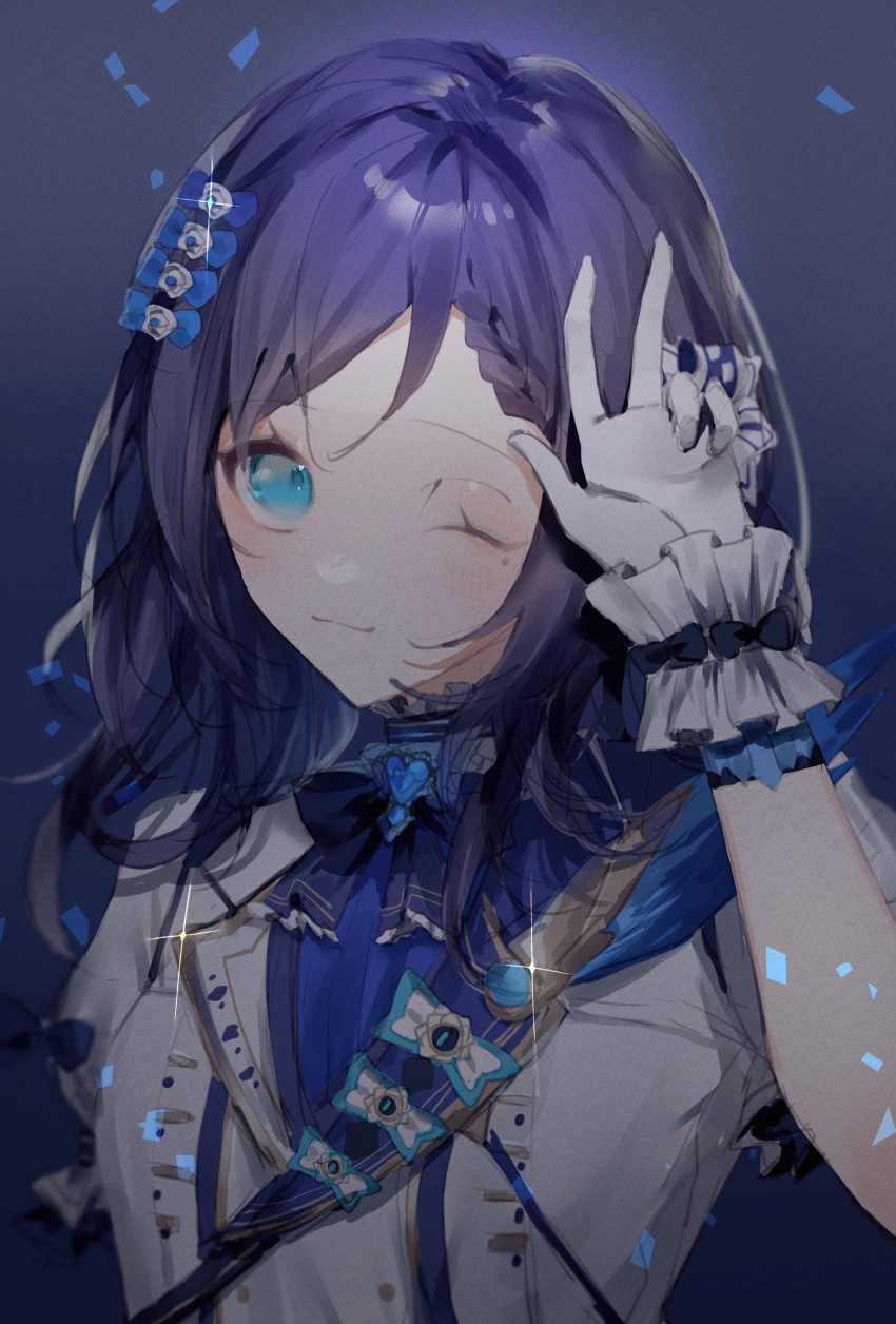 1girl, absurdres, aiba_uiha, aiba_uiha_(1st_costume), blue_eyes, blue_gemstone, blush, braid