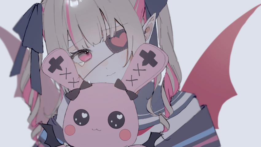 1girl, black_bow, blonde_hair, blue_sailor_collar, bow, demon_girl, eyepatch, hair_bow