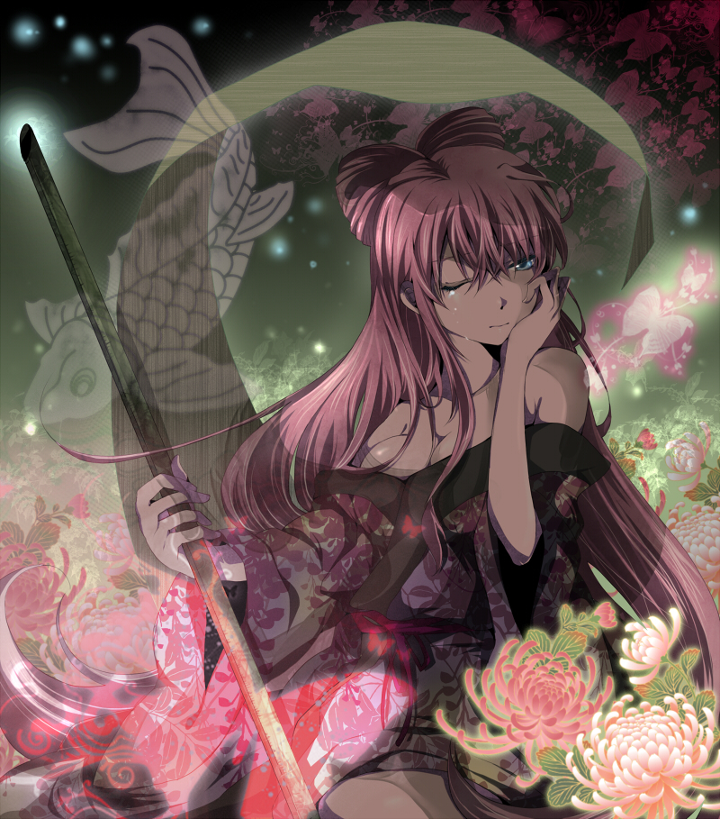 bare_shoulder, breasts, cleavage, japanese_clothes, kimono, long_hair, mariwai_(marireroy), megurine_luka