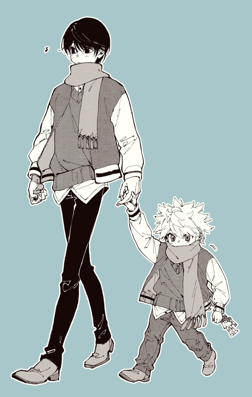 2boys, aged_down, alternate_costume, black_eyes, black_hair, brothers, commentary_request, highres
