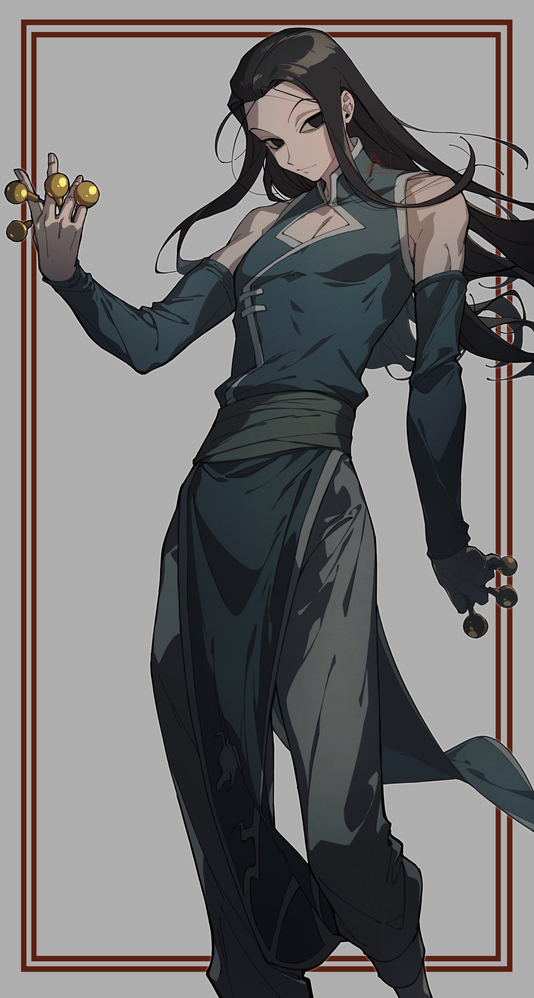 1boy, black_eyes, black_hair, commentary_request, detached_sleeves, highres, holding, holding_needle