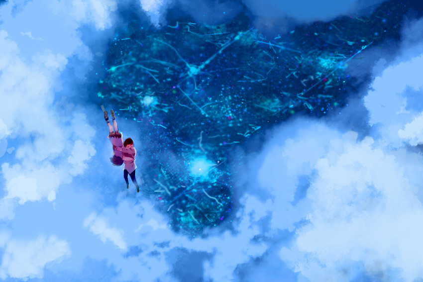 1boy, 1girl, blouse, blue_panties, brown_hair, brown_shorts, clays, clouds