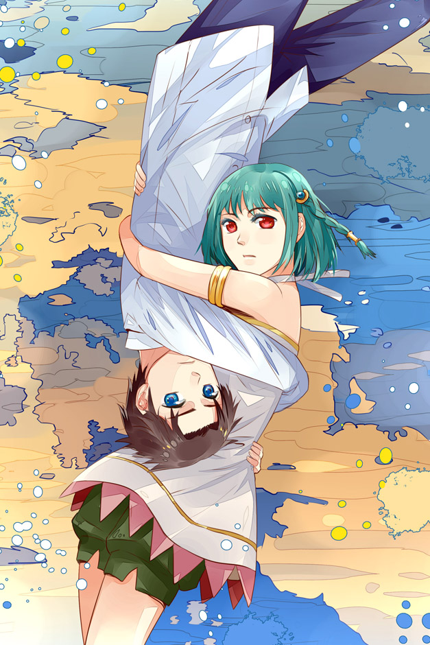 1boy, 1girl, armlet, blouse, blue_eyes, blue_hair, braid, brown_hair