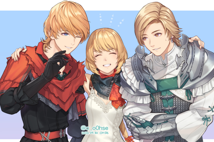 1girl, 2boys, arm_around_shoulder, artist_name, black_gloves, blonde_hair, blue_eyes, braid