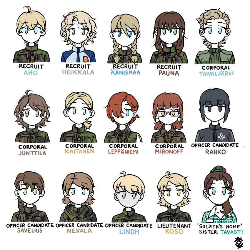 6+girls, aada_heikkala, absurdres, ahoge, anni_junttila, aqua_eyes, artist_logo, black_eyes