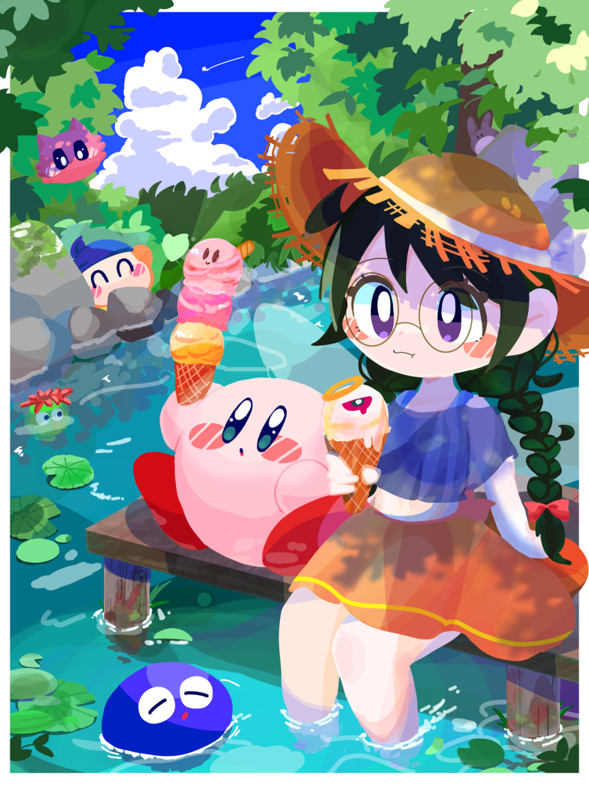 1girl, :o, ^_^, bandana, bandana_waddle_dee, black_hair, blue_bandana, blue_eyes