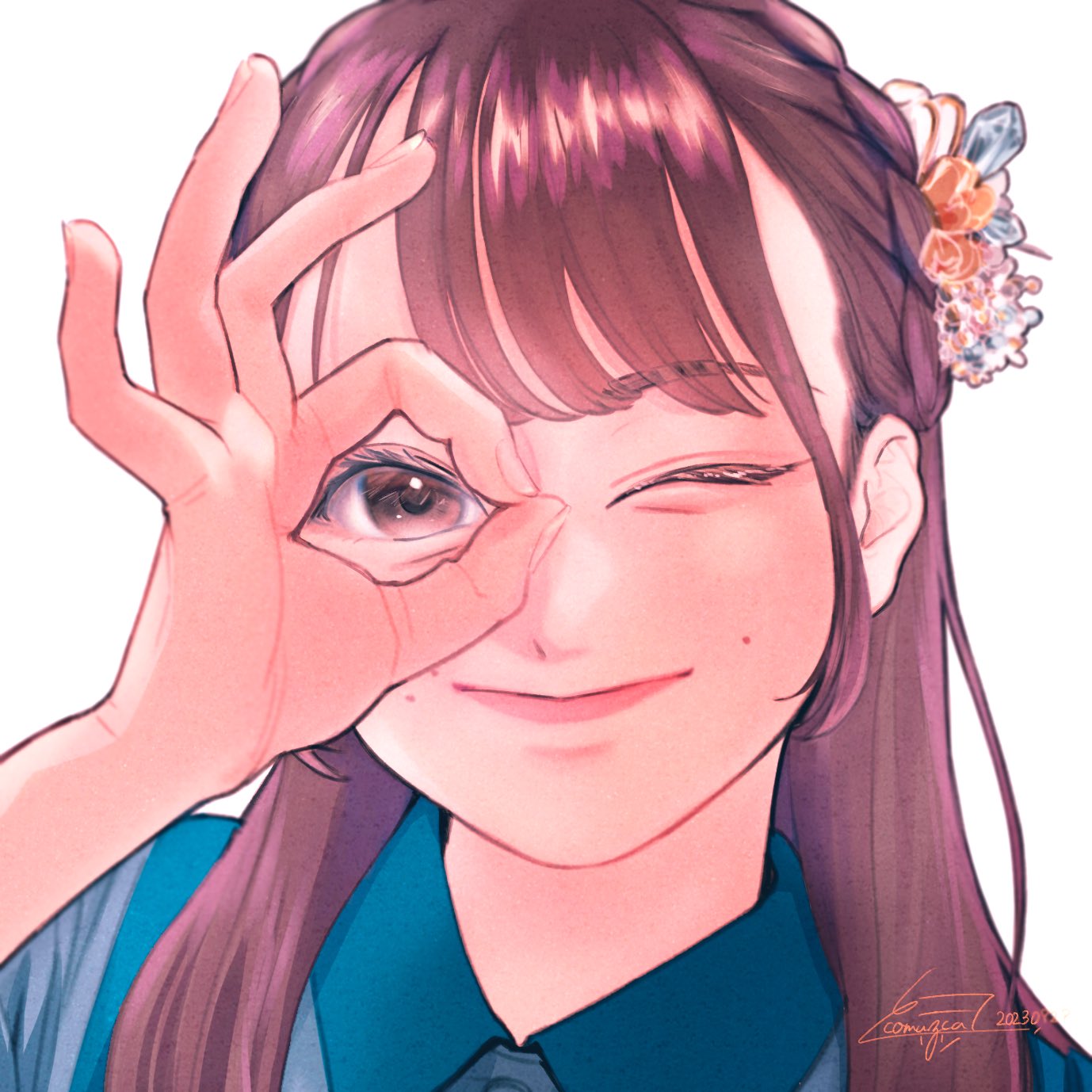 1girl, ;), artist_name, blue_shirt, braid, brown_eyes, brown_hair, closed_mouth