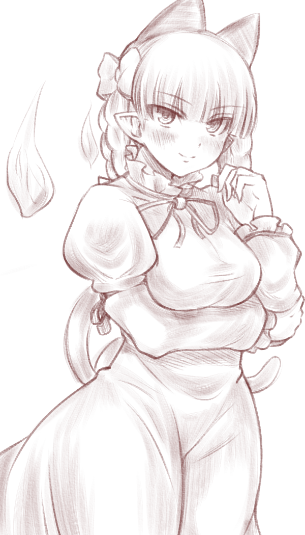 1girl, animal_ears, arm_under_breasts, blunt_bangs, blush, braid, breasts, cat_ears