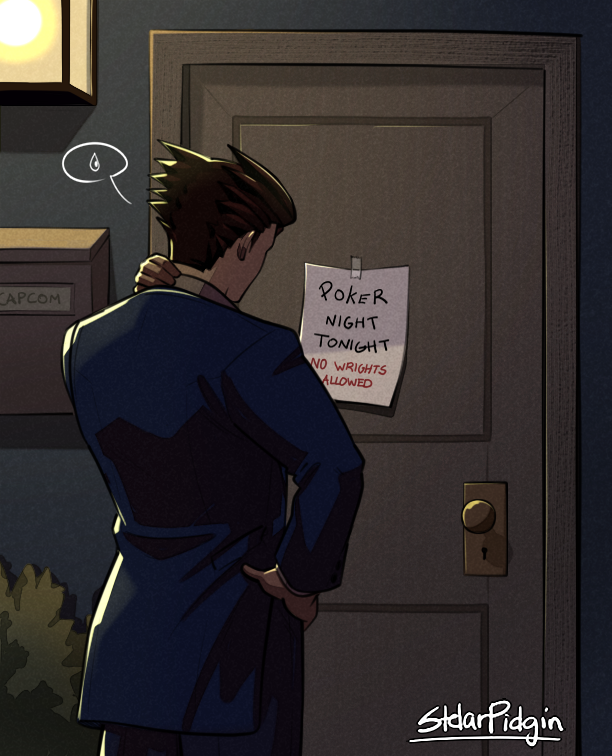 1boy, ace_attorney, commentary, door, english_commentary, english_text, from_behind, hand_on_own_neck