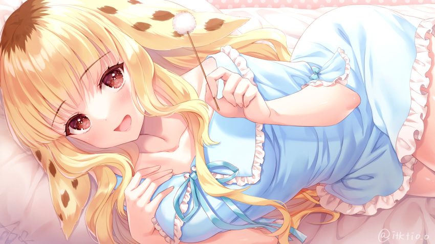 1girl, :d, animal_ears, blonde_hair, blue_negligee, blunt_bangs, blush, breasts