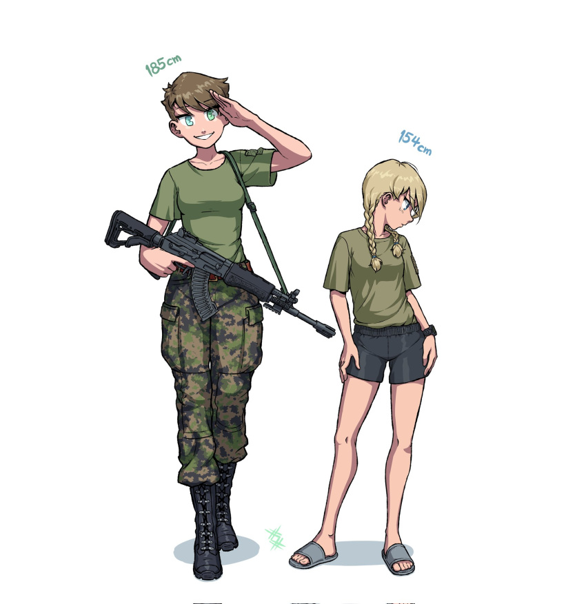 2girls, aqua_eyes, artist_logo, assault_rifle, black_footwear, black_shorts, boots, braid, brown_hair, camouflage, camouflage_pants, full_body, green_shirt, gun, height, height_difference, highres, holding, holding_weapon, long_hair, looking_at_viewer, lyyti_aanismaa, military_uniform, multiple_girls, neea_takarautio, original, ostwindprojekt, pants, rifle, salute, sandals, seno_lepo, shadow, shirt, shirt_tucked_in, short_hair, shorts, simple_background, twin_braids, uniform, walking, watch, watch, weapon, white_background