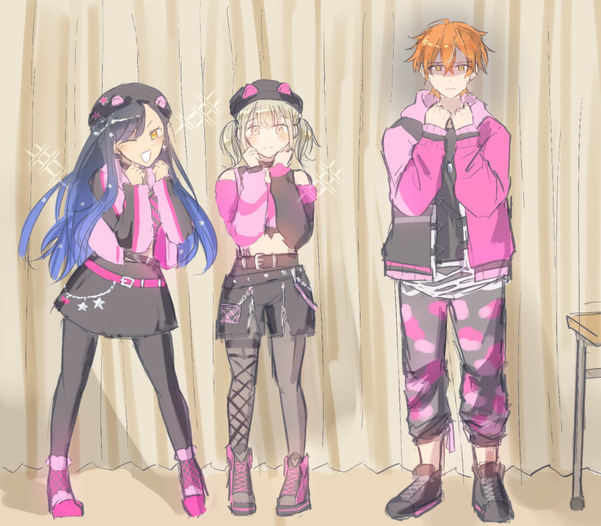 1boy, 2girls, awakening_beat_(project_sekai), azusawa_kohane, beat_eater_(vocaloid), belt, belt_buckle, black_belt, black_hair, black_headwear, black_shorts, blue_hair, blush, brown_hair, buckle, clenched_hands, closed_mouth, commentary, earrings, full_body, gradient_hair, hair_between_eyes, hands_up, highres, hood, hood_down, hooded_jacket, jacket, jewelry, long_hair, long_sleeves, looking_at_viewer, midriff, multicolored_hair, multiple_girls, official_alternate_costume, one_eye_closed, open_clothes, open_jacket, open_mouth, orange_eyes, orange_hair, pantyhose, photo-referenced, project_sekai, rea_(tireamisu_), shinonome_akito, shiraishi_an, short_hair, short_twintails, shorts, sparkle, standing, star_(symbol), star_earrings, twintails, two-tone_hair
