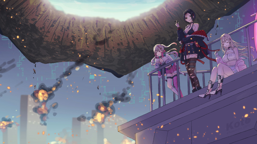 3girls, absurdres, asymmetrical_legwear, bikini, black_bikini, black_hair, black_jacket, blonde_hair