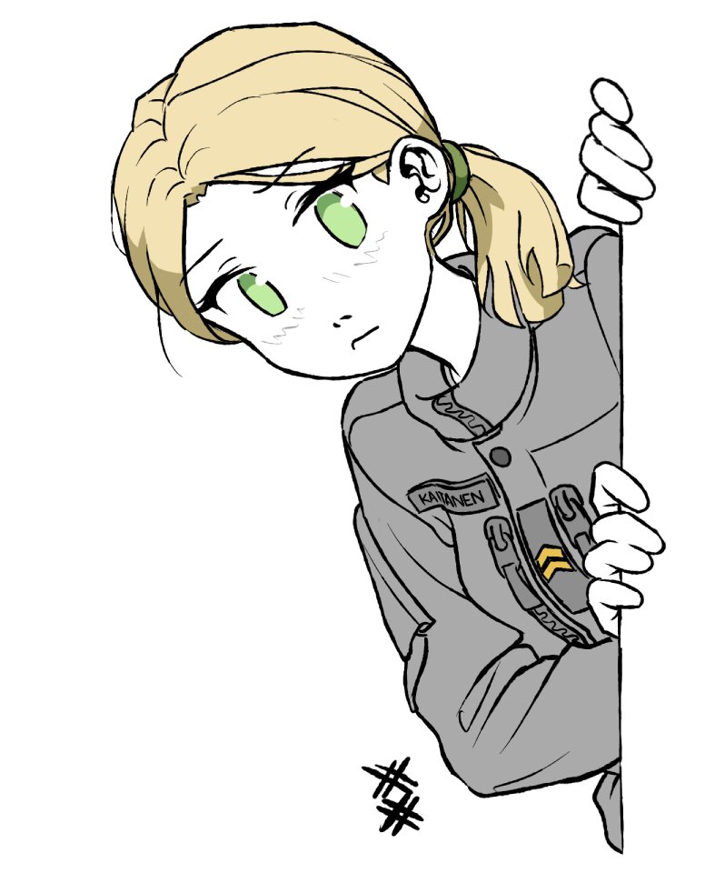 1girl, artist_logo, blonde_hair, closed_mouth, green_eyes, jacket, krista_kaitanen, limited_palette, looking_at_viewer, medium_hair, military_uniform, original, ostwindprojekt, ponytail, seno_lepo, simple_background, solo, uniform, upper_body, white_background