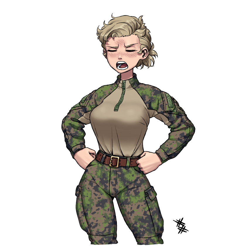absurdres, artist_logo, belt, blonde_hair, blush, breasts, camouflage, camouflage_jacket, camouflage_pants, closed_eyes, cowboy_shot, cropped_legs, english_commentary, hands_on_own_hips, highres, jacket, kaisa_taivaljarvi, large_breasts, military_uniform, open_mouth, original, ostwindprojekt, pants, seno_lepo, shirt_tucked_in, short_hair, simple_background, uniform, white_background