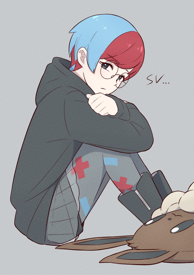 1girl, bag, bag_removed, black_eyes, blue_hair, boots, brown_bag, closed_mouth, commentary_request, crossed_arms, from_side, glasses, grey_pantyhose, hinoyama_kou, hood, hood_down, hoodie, long_sleeves, looking_to_the_side, multicolored_hair, pantyhose, penny_(pokemon), pokemon, pokemon_(game), pokemon_sv, redhead, round_eyewear, see-through, see-through_skirt, short_hair, shorts, shorts_under_skirt, sitting, skirt, solo, two-tone_hair