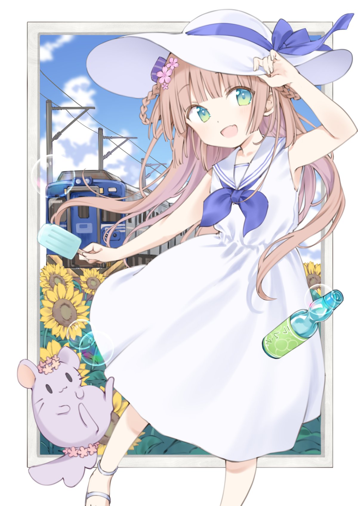 1girl, :d, animal, aqua_eyes, arm_up, bare_arms, blue_bow, blue_neckerchief, blue_sky, bow, braided_hair_rings, brown_hair, clouds, cloudy_sky, cropped_legs, dot_nose, dress, field, floating, floating_object, flower, flower_field, food, gradient_eyes, green_eyes, hair_flower, hair_ornament, hand_on_headwear, hat, hat_bow, highres, holding, holding_food, holding_popsicle, indie_virtual_youtuber, long_hair, looking_to_the_side, maigoyaki, mochikomame, multicolored_eyes, neckerchief, open_mouth, outdoors, outside_border, popsicle, ramune, sailor_collar, sailor_dress, sky, sleeveless, sleeveless_dress, smile, solo, standing, sun_hat, sundress, sunflower, sunflower_field, train, two-tone_background, virtual_youtuber, white_background, white_dress, white_footwear, white_headwear, white_sailor_collar