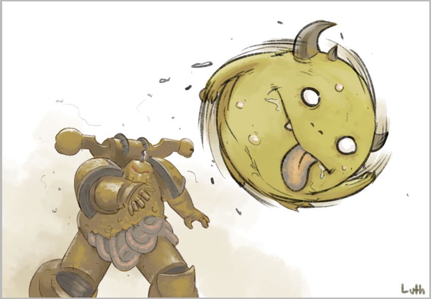 adeptus_astartes, armor, chaos_space_marine, death_guard, intestines, lutherniel, nurgling, organs, power_armor, space_marine, spinning, throwing, warhammer_40k