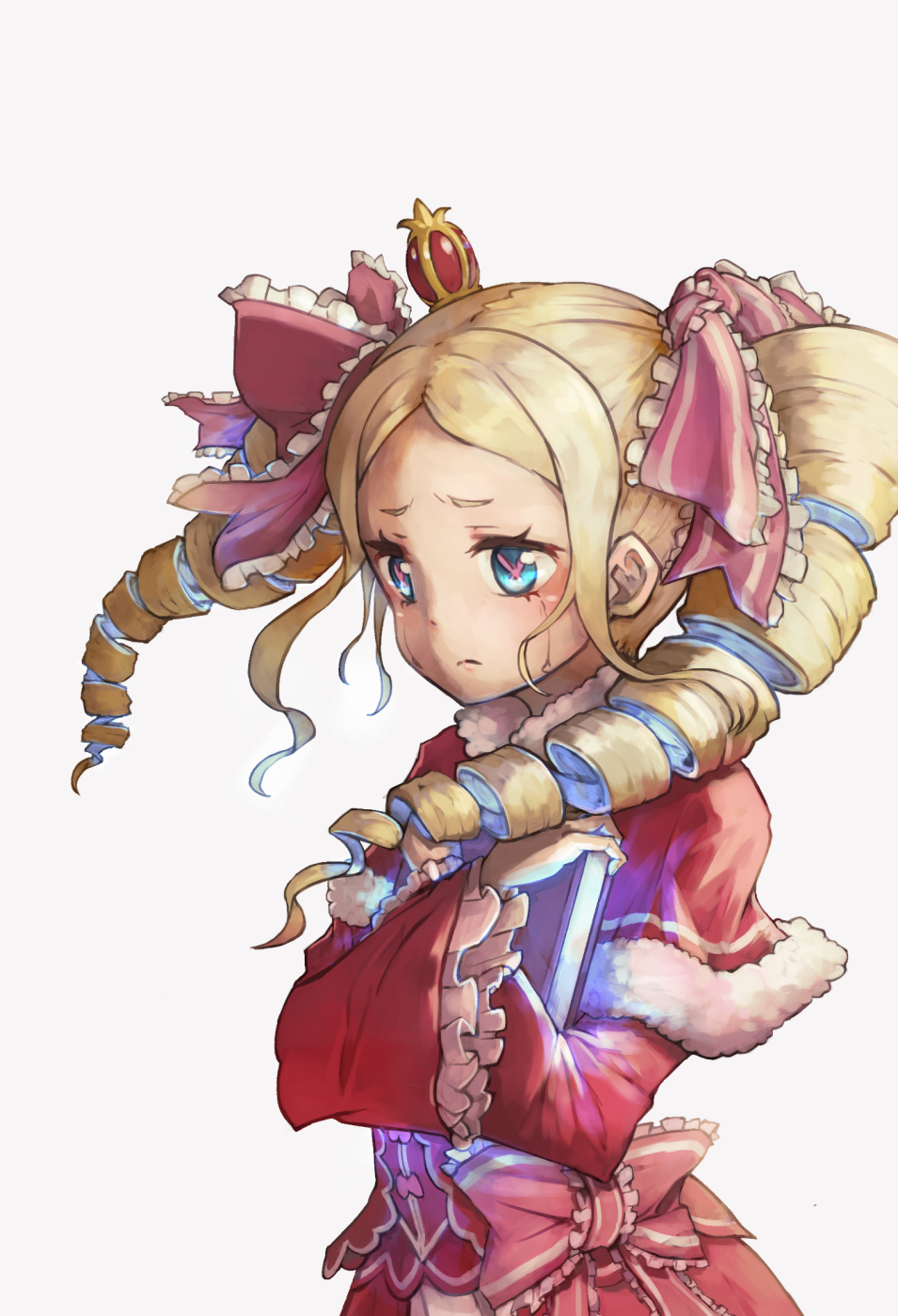 1girl, beatrice_(re:zero), blonde_hair, blue_eyes, book, bow, butterfly-shaped_pupils, capelet, crown, crying, dress, drill_hair, frown, fur-trimmed_capelet, fur_trim, glowing, highres, ico6, long_hair, mini_crown, pink_ribbon, re:zero_kara_hajimeru_isekai_seikatsu, red_capelet, red_dress, ribbon, simple_background, streaming_tears, symbol-shaped_pupils, tears, twin_drills, upper_body, white_background