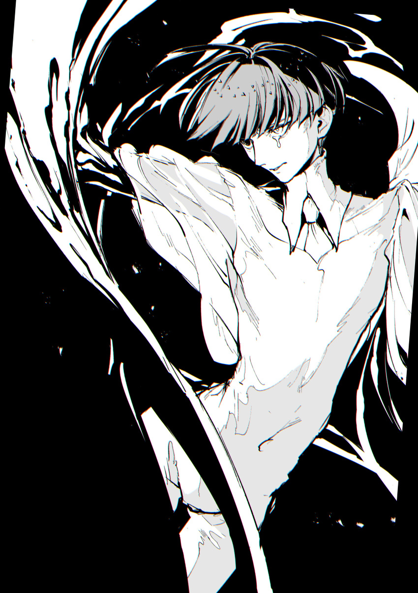 1other, absurdres, androgynous, black_background, blunt_ends, bowl_cut, crying, crying_with_eyes_open, crystal, crystal_hair, dripping, feet_out_of_frame, gold, golden_arms, greyscale, heterochromia, high_collar, highres, houseki_no_kuni, itabasami, medium_hair, molten_metal, monochrome, moon_uniform_(houseki_no_kuni), other_focus, phosphophyllite, phosphophyllite_(ll), see-through, see-through_sleeves, short_hair, simple_background, smile, solo, spoilers, tears, uniform, upper_body