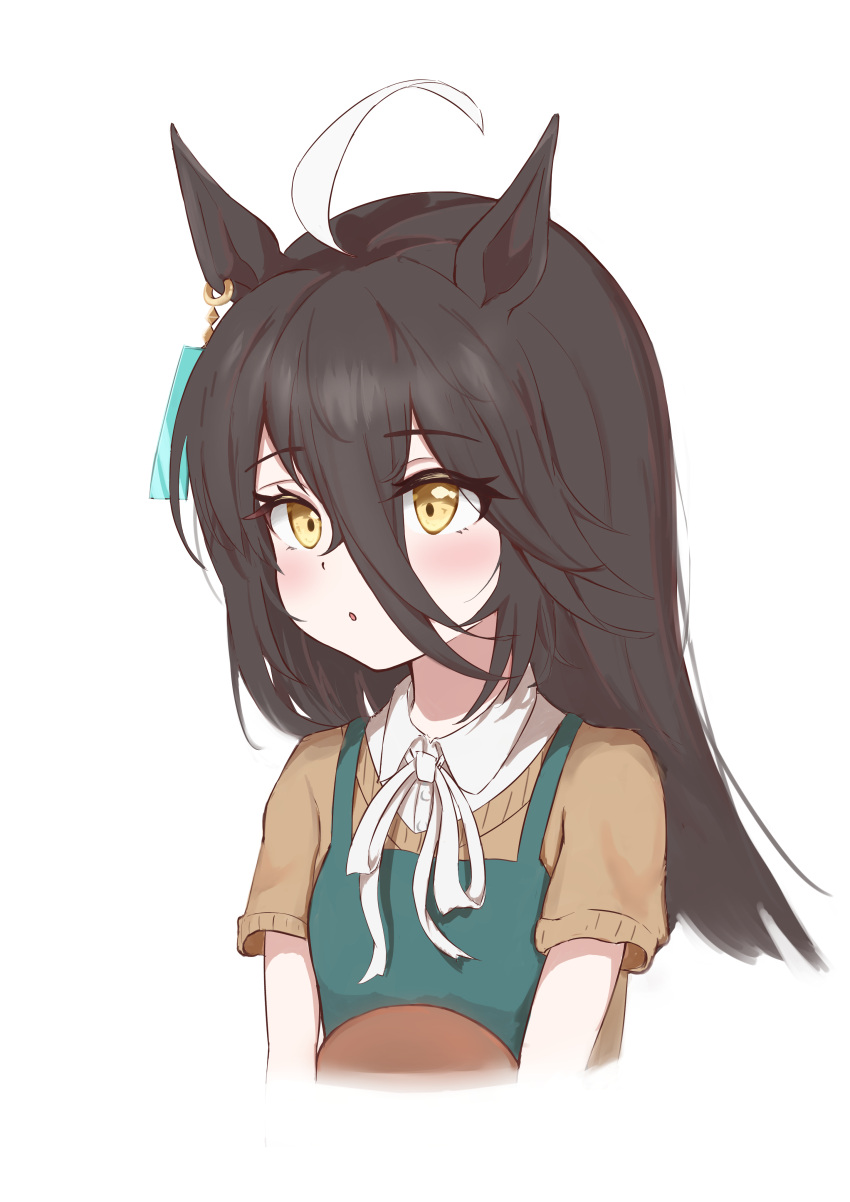 1girl, absurdres, ahoge, animal_ears, brown_shirt, collared_shirt, earrings, highres