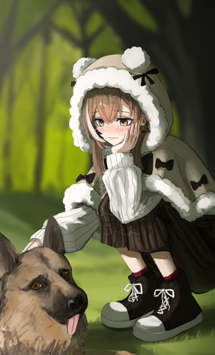 1girl, 1other, absurdres, animal_hood, bear_hood, berry, blurry, blurry_background, blush, brown_capelet, brown_eyes, brown_footwear, brown_hair, brown_skirt, capelet, crossed_bangs, dog, earrings, failose, flustered, food-themed_earrings, forest, fur_trim, german_shepherd, head_rest, high_tops, highres, hololive, hololive_english, hood, jewelry, long_hair, long_skirt, multicolored_hair, nanashi_mumei, nanashi_mumei_(3rd_costume), nature, official_alternate_costume, petting, plaid, plaid_skirt, pleated_skirt, red_socks, ribbon, shoes, skirt, sneakers, socks, squatting, streaked_hair, sweater, virtual_youtuber, white_sweater